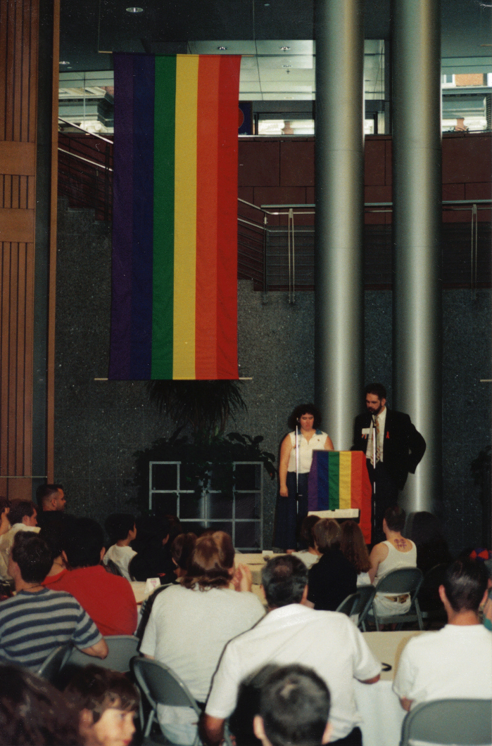 1996 Pride Photo Emcees and Crowd